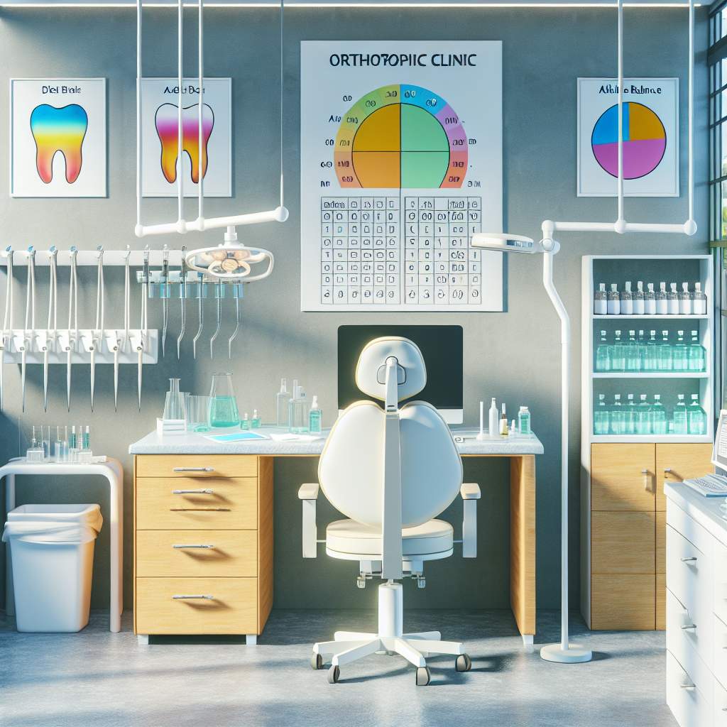 In a dental clinic, there are dental tools, a sink with running water, a light above a patient chair, cabinets filled with supplies, and posters with oral hygiene instructions on the walls.