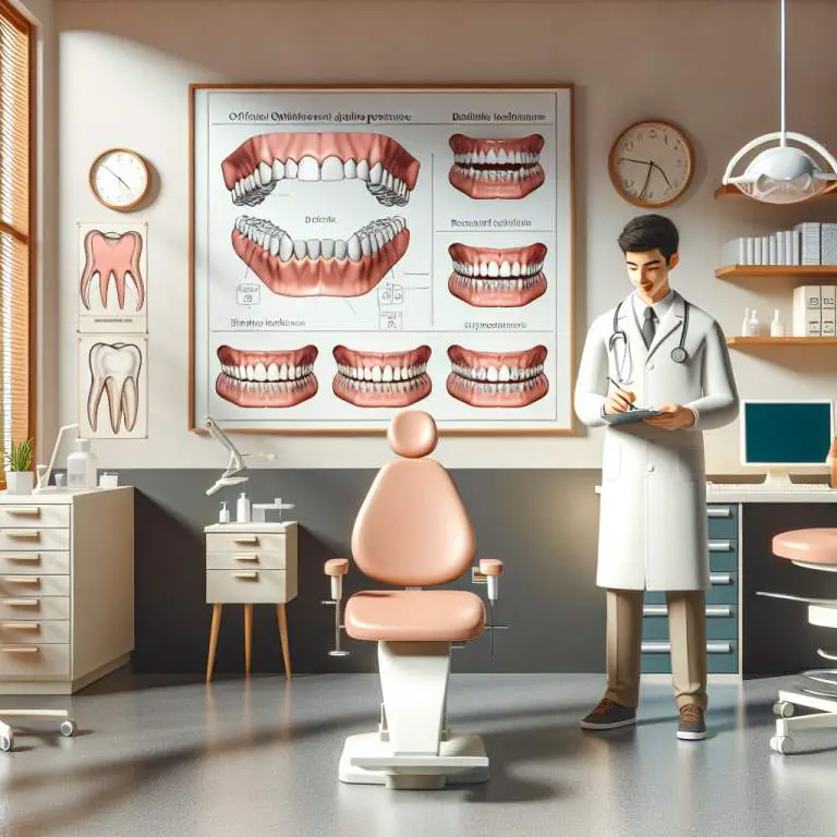 Multiple dental tools including a mirror, scaler, and tweezers arranged on a tray. A dental chair with a reclining function in the background.