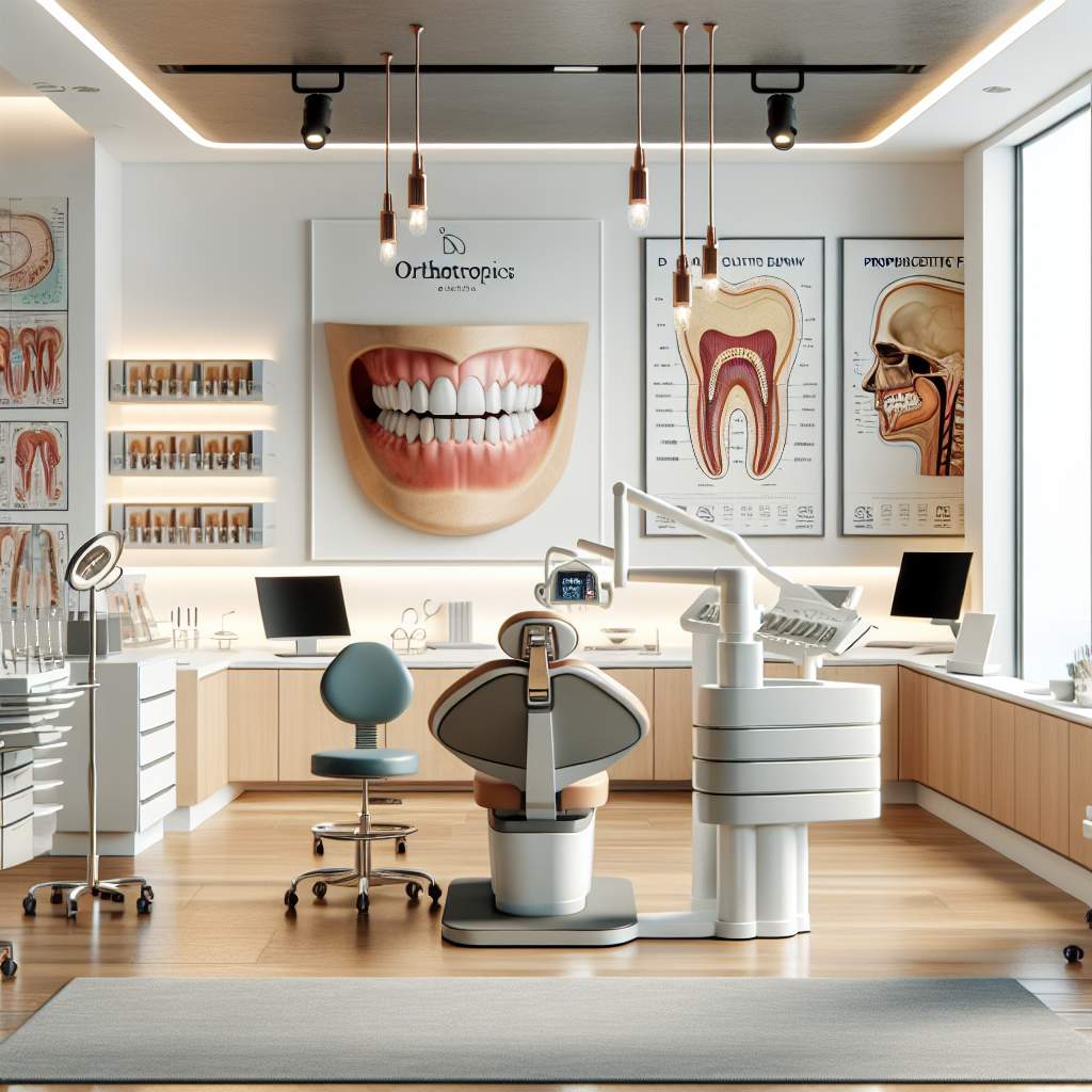 A dental chair with a line of colorful toothbrushes, toothpaste tubes, and floss containers neatly organized on a nearby shelf. The walls are adorned with informative oral health posters and the room is filled with a soft, welcoming light.
