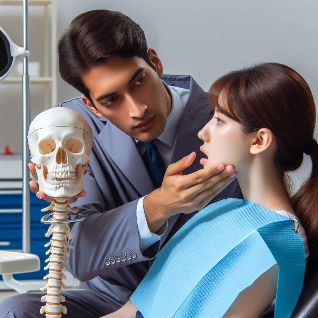 A person sitting on a dental chair with their mouth slightly open, holding a small rubber ball between their teeth to relax the jaw muscles.