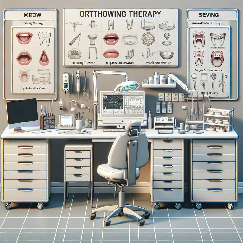 A dental tray filled with orthodontic tools, a mirror, and an educational poster about proper tongue posture.