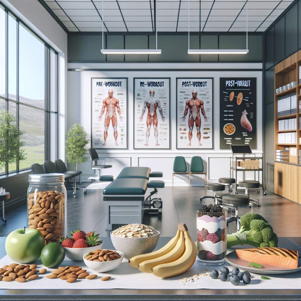 A plate of sliced fruits and vegetables, a bowl of mixed nuts, bottles of water, and a protein shake on a table in a dental clinic setting.