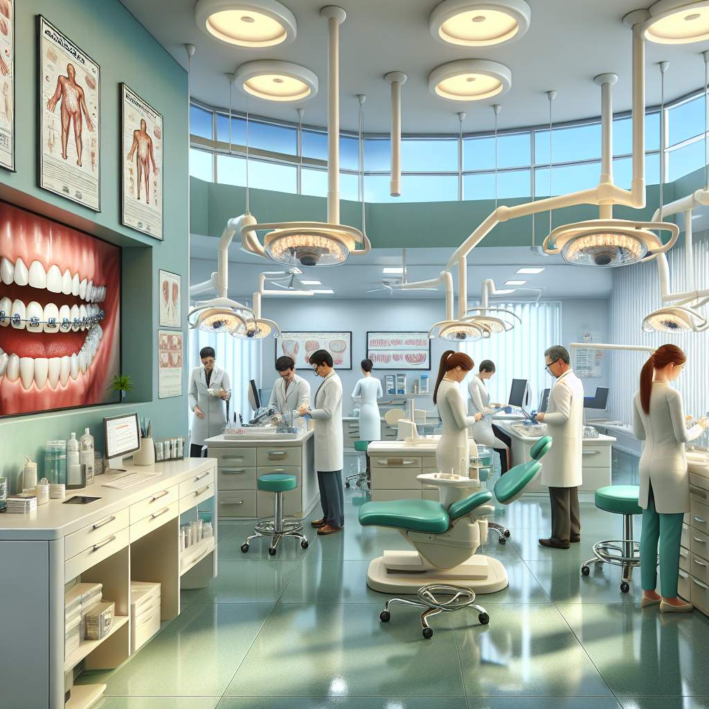 A set of orthodontic tools, including braces and retainers, displayed on a clean white table in a dental clinic.