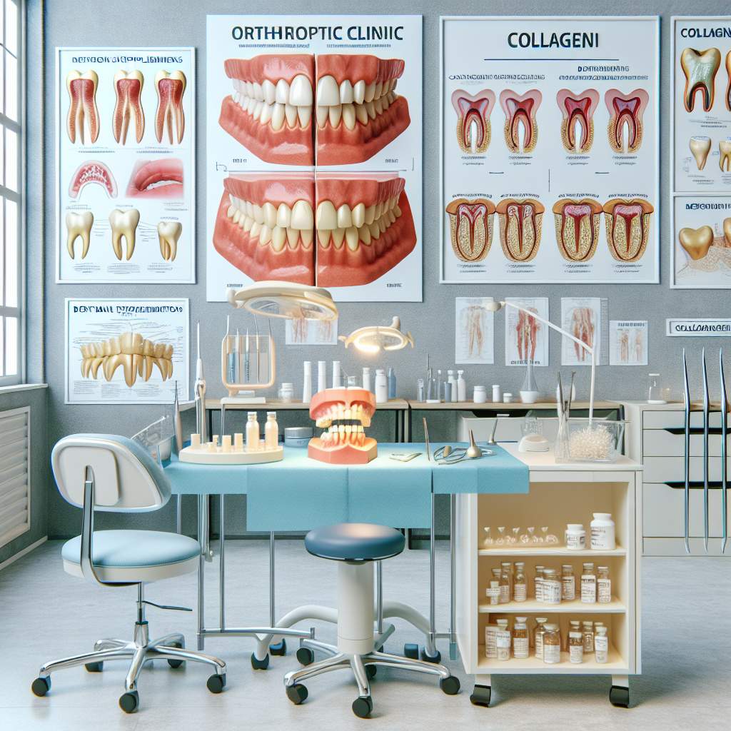 A dental chair, a small container of collagen supplements, and a glass of water.