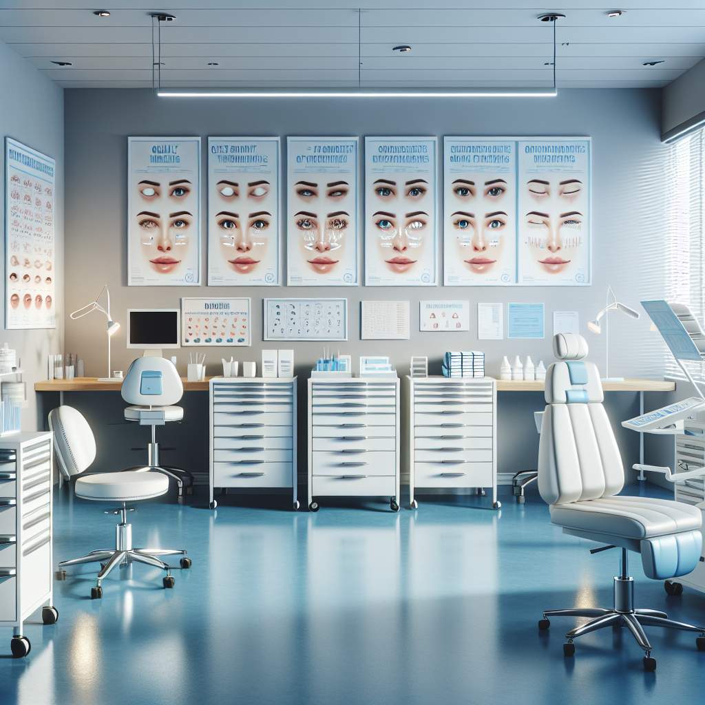 A dental clinic with a clipboard, toothbrushes, floss, and a dental x-ray on the wall.