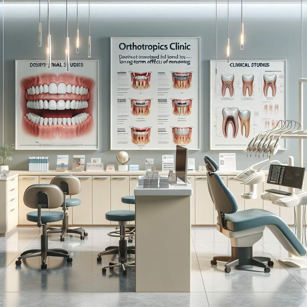 In the image, there is a dentist holding a dental tool, a tray of dental instruments next to them, a dental x-ray mounted on the wall, and a patient chair covered in blue medical paper.