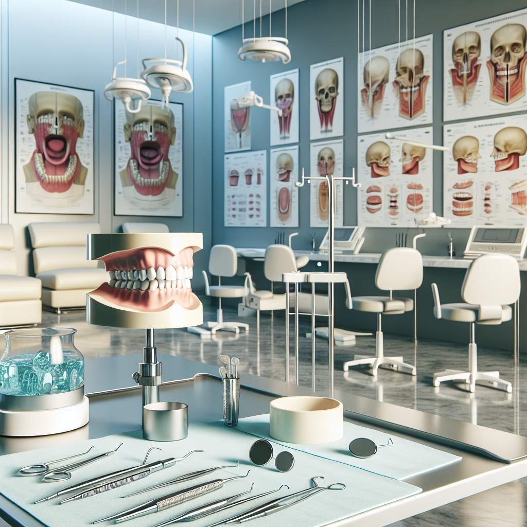 A bright, well-lit dental clinic with a comfortable patient chair, a set of sleek dental tools neatly arranged on a tray, a magnifying glass hanging on the wall, and informative posters about oral health.