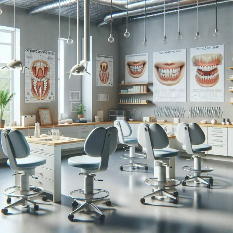 In a dental clinic, there are various objects that may appear in the image: an examination tray with dental tools neatly arranged, a white porcelain sink with running water, a mirror reflecting bright overhead lighting, a pamphlet about oral hygiene, and a poster showcasing a healthy smile.