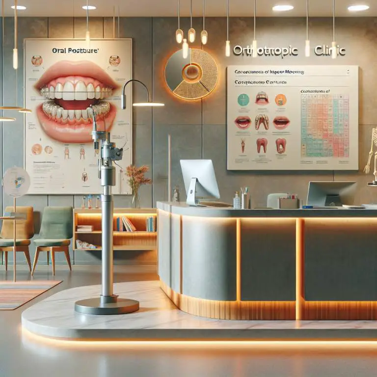In the dental clinic setting, there is a tray with colorful dental instruments neatly arranged, a bright overhead light illuminating the area, a comfortable reclining chair covered in crisp white paper, and a small table holding various dental products such as toothpaste and floss.