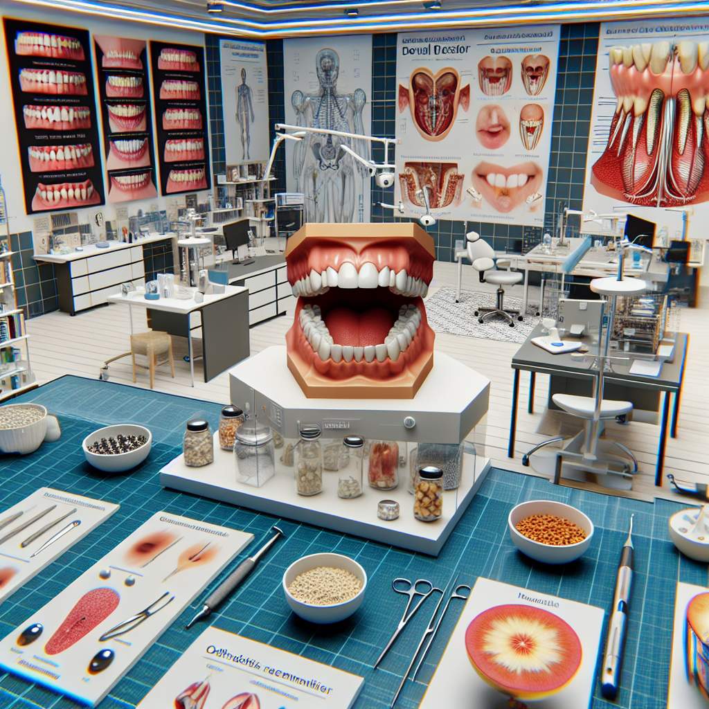 A dental clinic with a dentist chair, a tray of dental instruments, a sink with running water, and various posters on the wall explaining dental procedures.