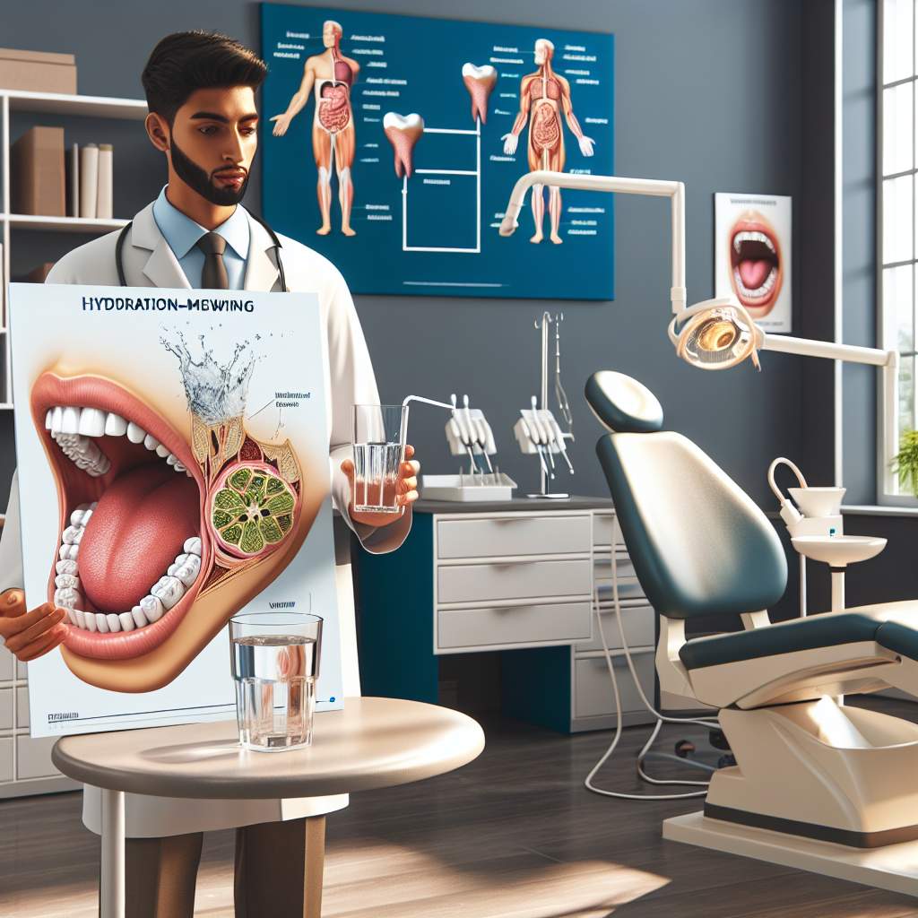 A glass of water, a water bottle, and a pitcher filled with water on a countertop in a dental clinic.