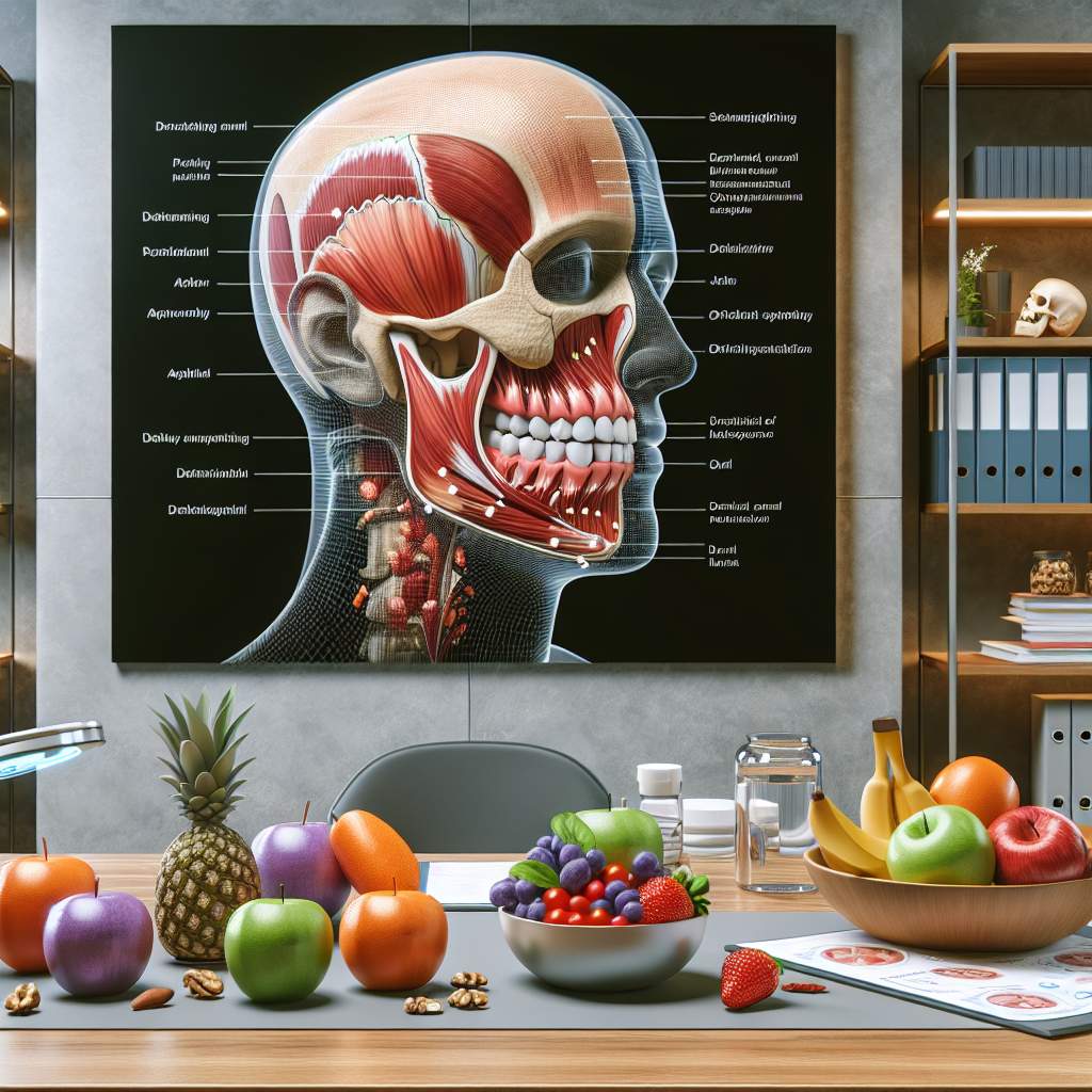 In a dental clinic, there are various items placed on a counter. There is a colorful bowl filled with fresh fruits and vegetables, representing a nutritious diet. Beside it, there is a glass of water and a bottle of vitamins, indicating supplements for overall health. Nearby, there is a toothbrush and toothpaste, promoting good oral hygiene. On the corner of the counter, there is a weight scale symbolizing the importance of maintaining an ideal body weight for long-term mewing results.