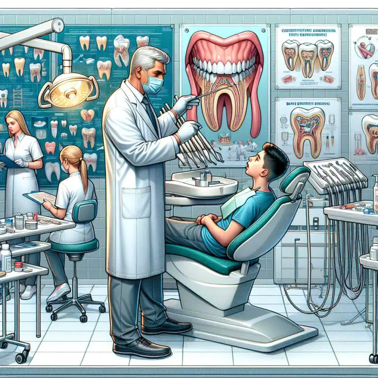 An image showing a toothbrush, toothpaste, dental floss, mouthwash, and a dental mirror on a countertop in a clean and organized dental clinic.