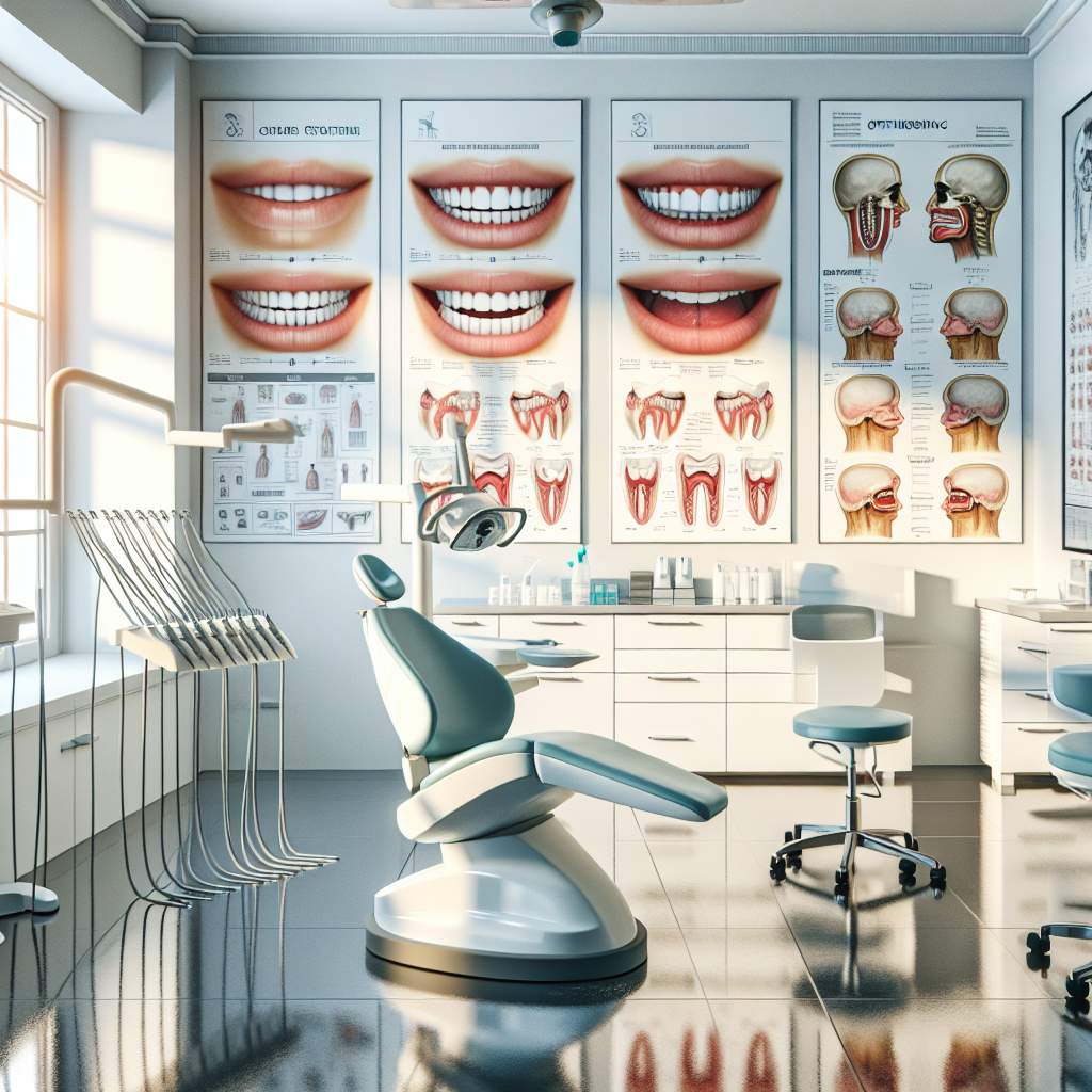 A dental chair with various teeth models and equipment.