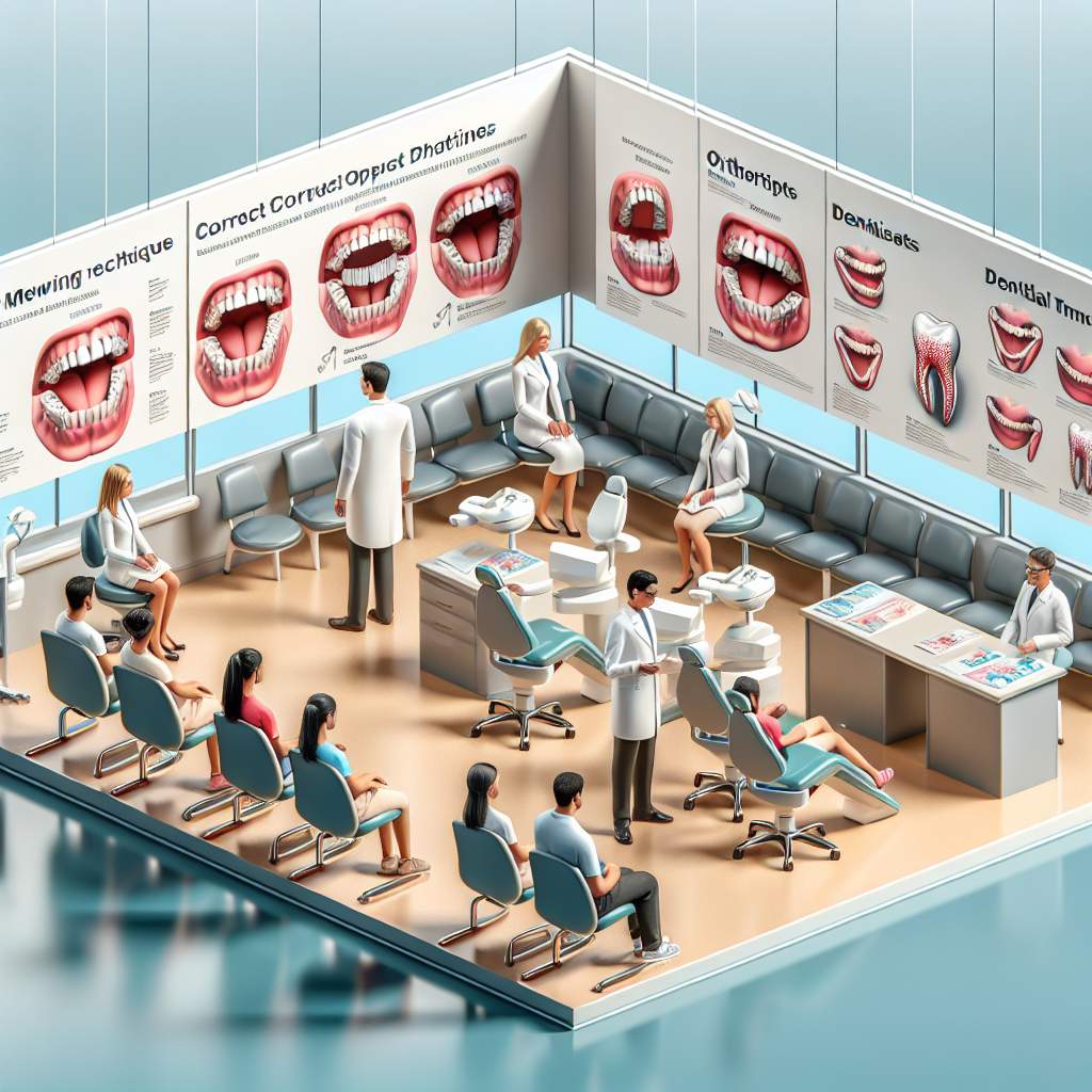 In a dental clinic, you can see a mirror, a toothbrush, dental floss, and a mouthwash bottle on a countertop. There is also a poster showing correct tongue posture on the wall.
