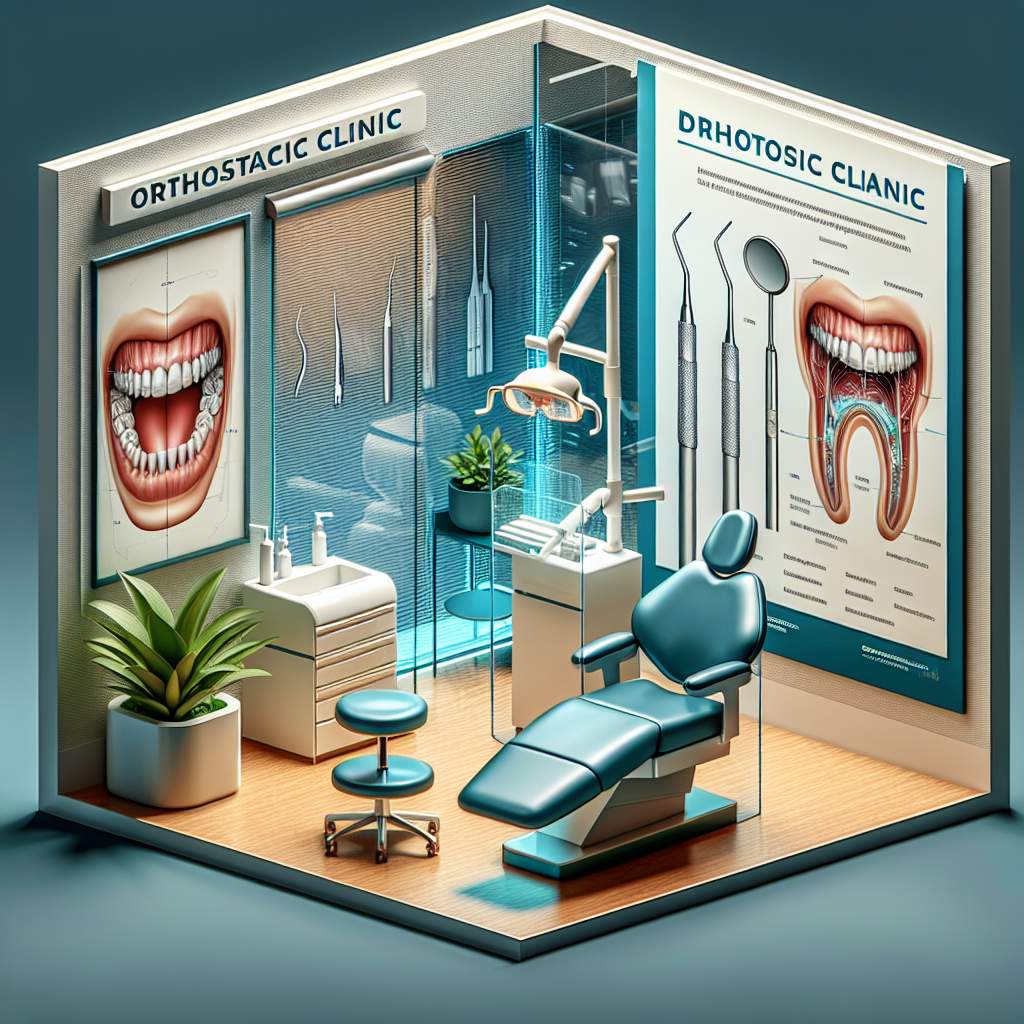 A set of dental tools, including a mirror, probe, and scaler, neatly arranged on a tray. A bright overhead light illuminates the sterile, white-tiled room.