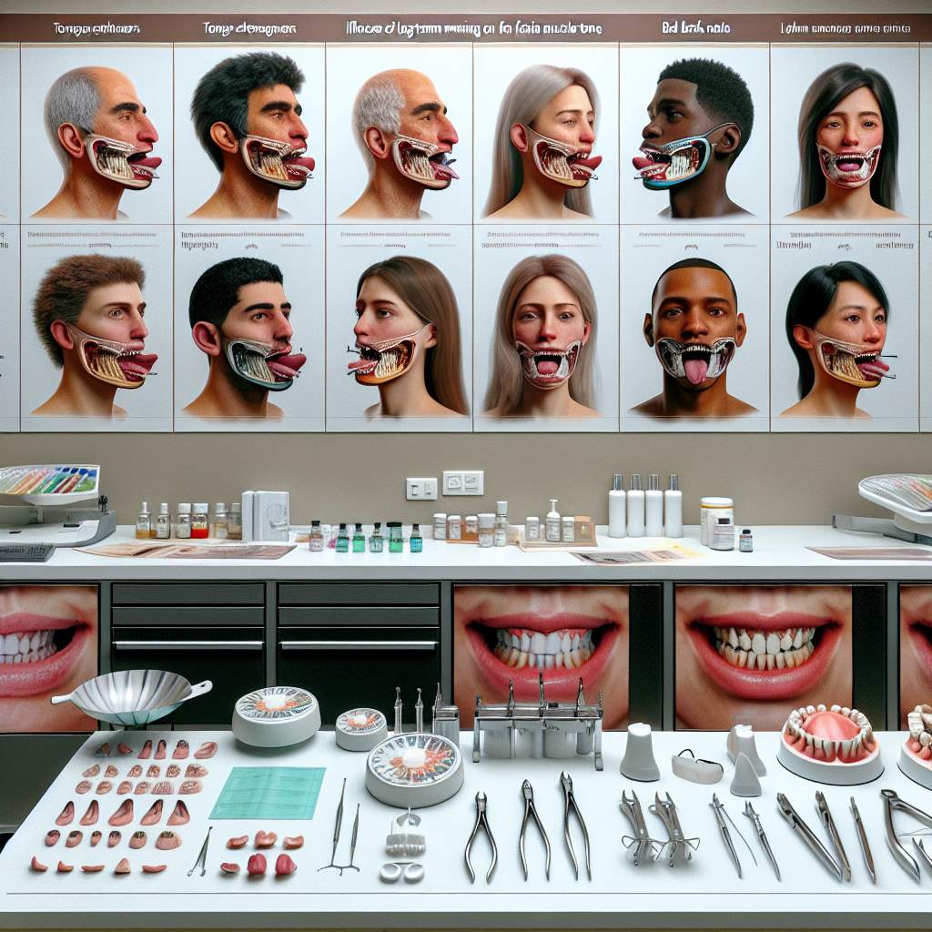A dentist examining tools, a patient's open mouth, and a teeth model on a tray.