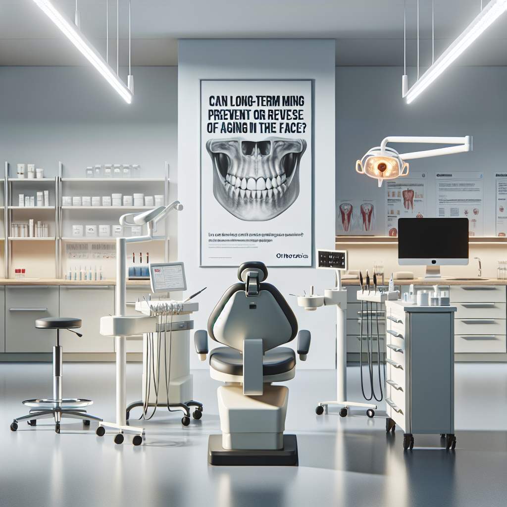 In a dental clinic, there are tools and equipment neatly organized on a countertop. There is a bright overhead light illuminating the area. Various dental instruments, including mirrors, probes, and scalers, are visible. A tray holds stainless steel trays and cotton swabs. A computer monitor with an X-ray image is also present.
