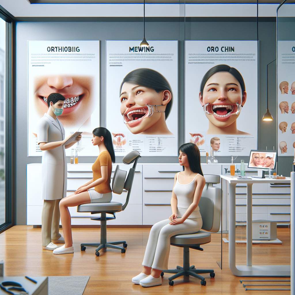 A row of different exercise equipment, including barbells and resistance bands, neatly organized along a wall in a dental clinic.