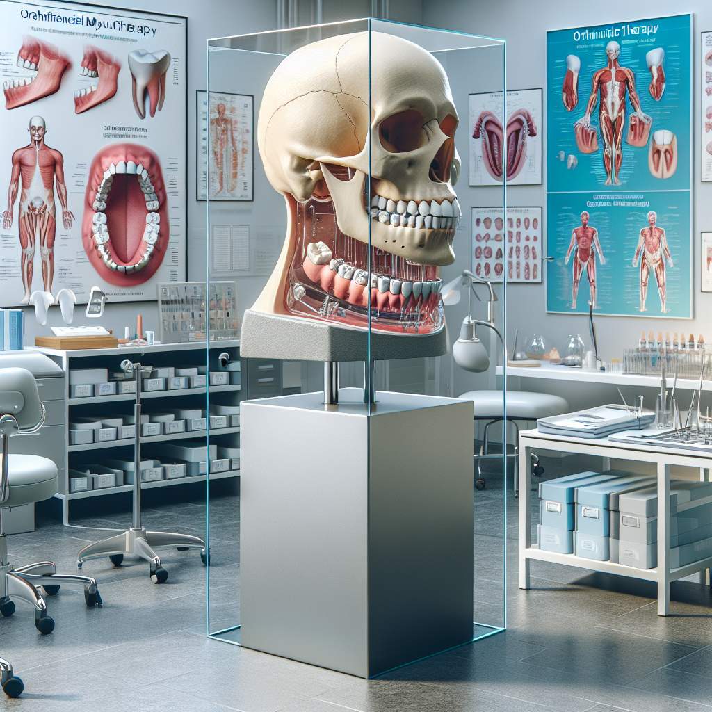 In the dental clinic, there is a set of jaw models positioned on a table.