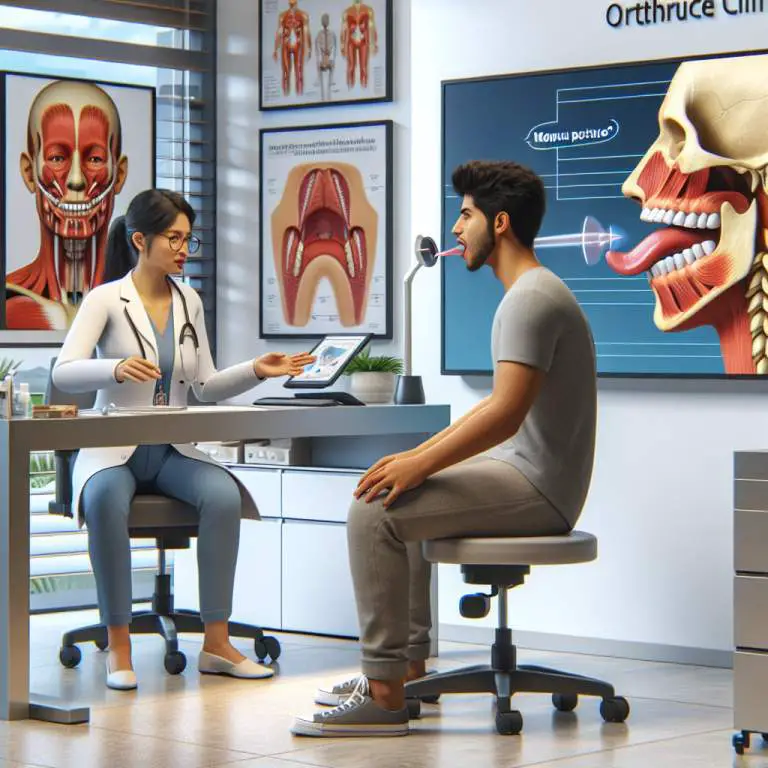 A dental model of the jaw, a diagram of the temporomandibular joint (TMJ), and a set of teeth imprints on a table in a dental clinic.