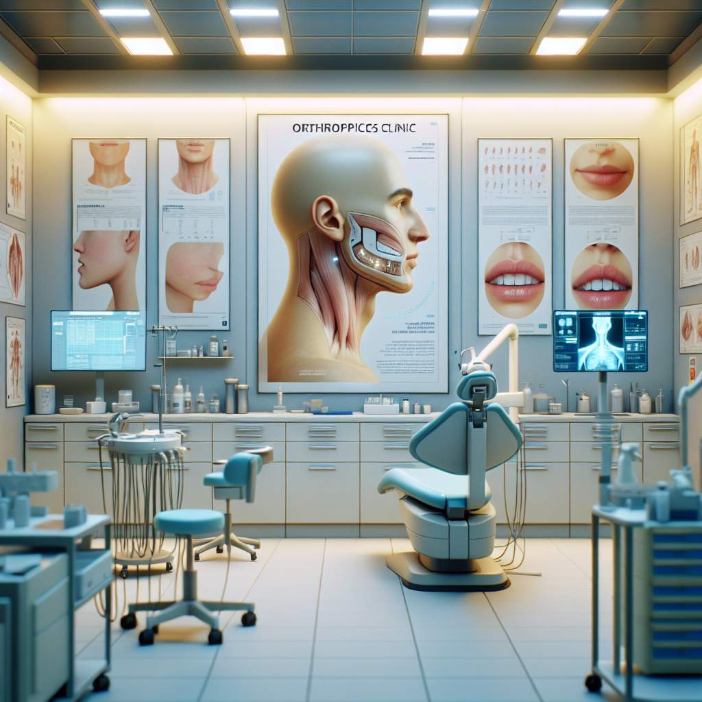 A dental clinic with a dentist's chair, a sink with running water, various dental tools neatly arranged on a tray, cabinets filled with dental supplies and files, and a bright overhead light illuminating the room.