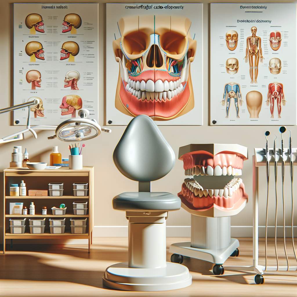 A dental chair with a mirror in front of it, surrounded by various dental tools and instruments such as teeth models, a dental drill, and a syringe. A chart depicting the human skull is hanging on the wall next to a poster illustrating correct brushing techniques.