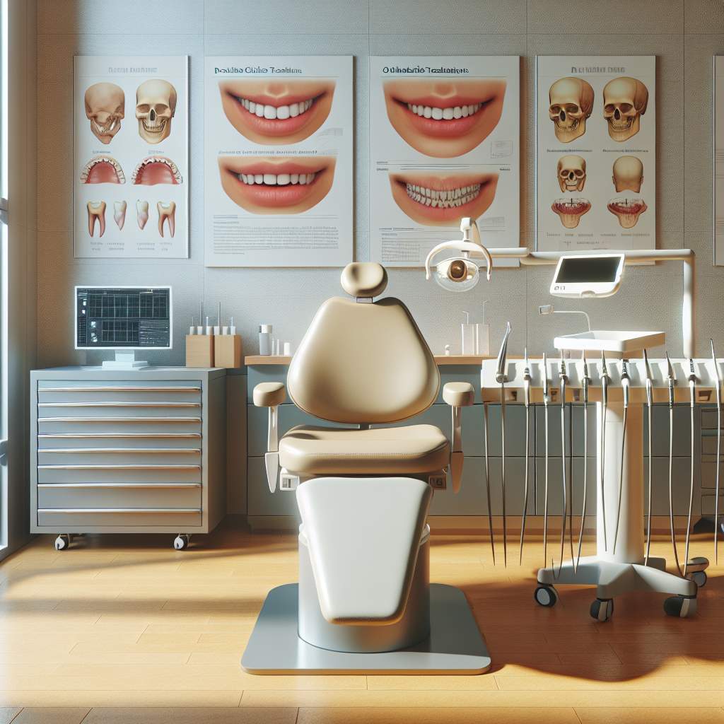 A dental chair with various dental tools and instruments neatly arranged on a tray beside it. A small table holds a computer screen displaying an X-ray image.