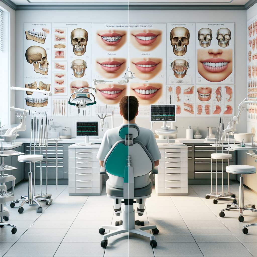 A bright dental room with a mirror, orthodontic tools, and a set of braces on a counter.