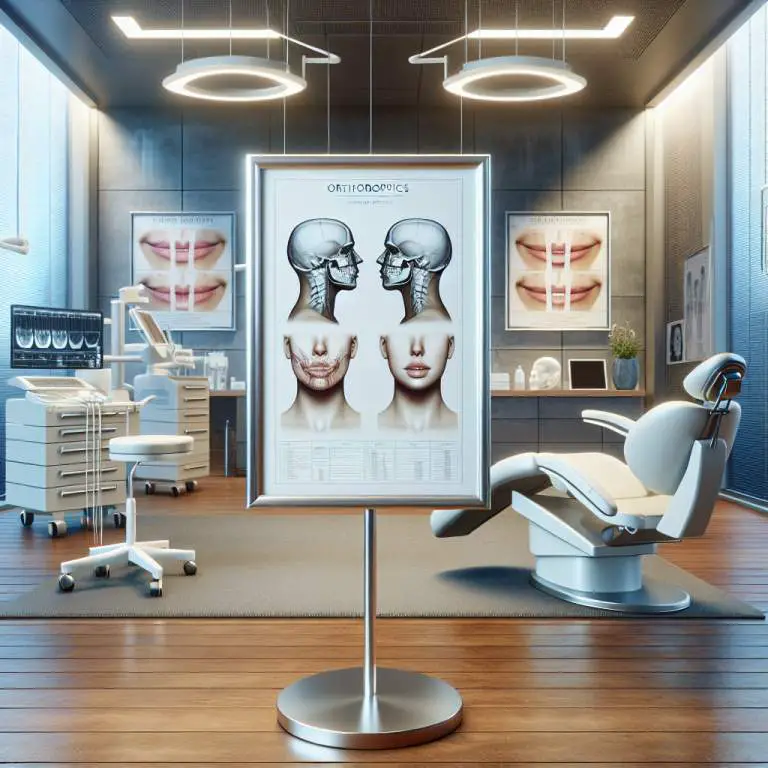 A dental chair with a bright overhead light, dental tools resting on a tray, a set of X-rays displayed on a lightbox, and models of teeth and jaws.