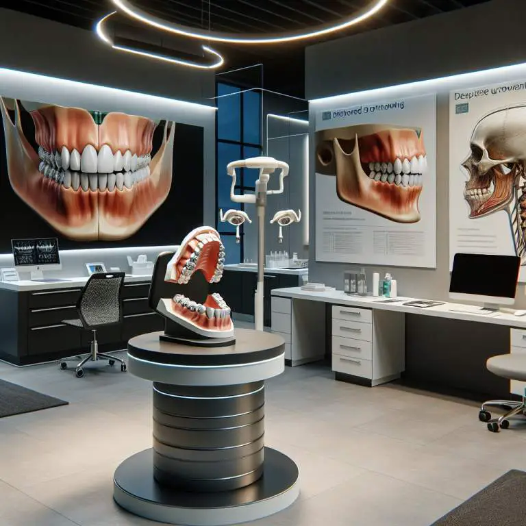 A set of aligners, dental tools, and a mirror on a countertop in a dental clinic.