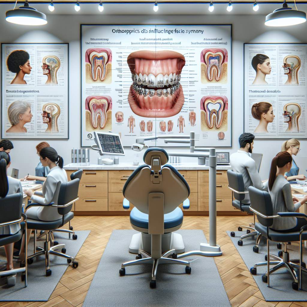 A dental tray with impression material, a dental mirror, a set of braces, and an orthodontic model of the teeth.