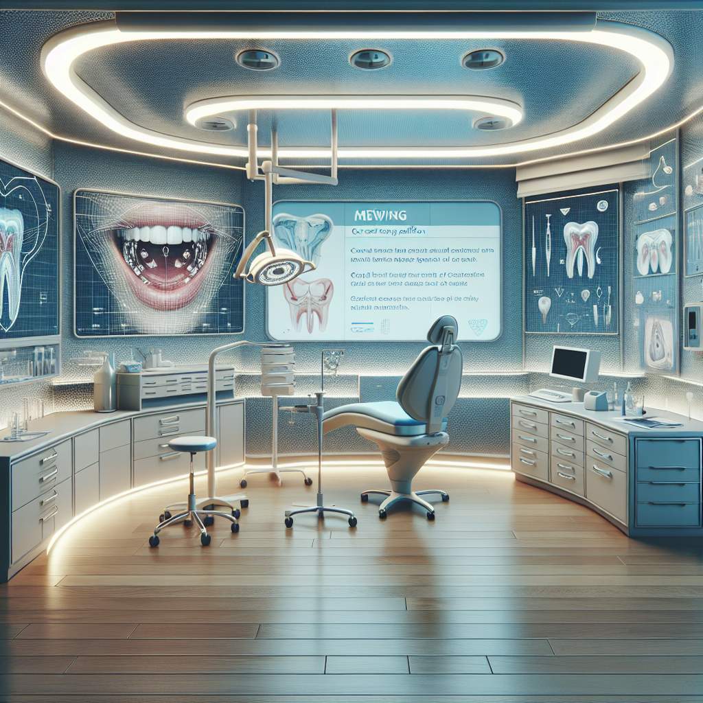 A dental clinic with a small table filled with books and educational materials, a whiteboard on the wall displaying diagrams of sinuses, and a computer screen showing research articles on sinus congestion. A cozy waiting area with comfortable chairs and magazines is next to the table.