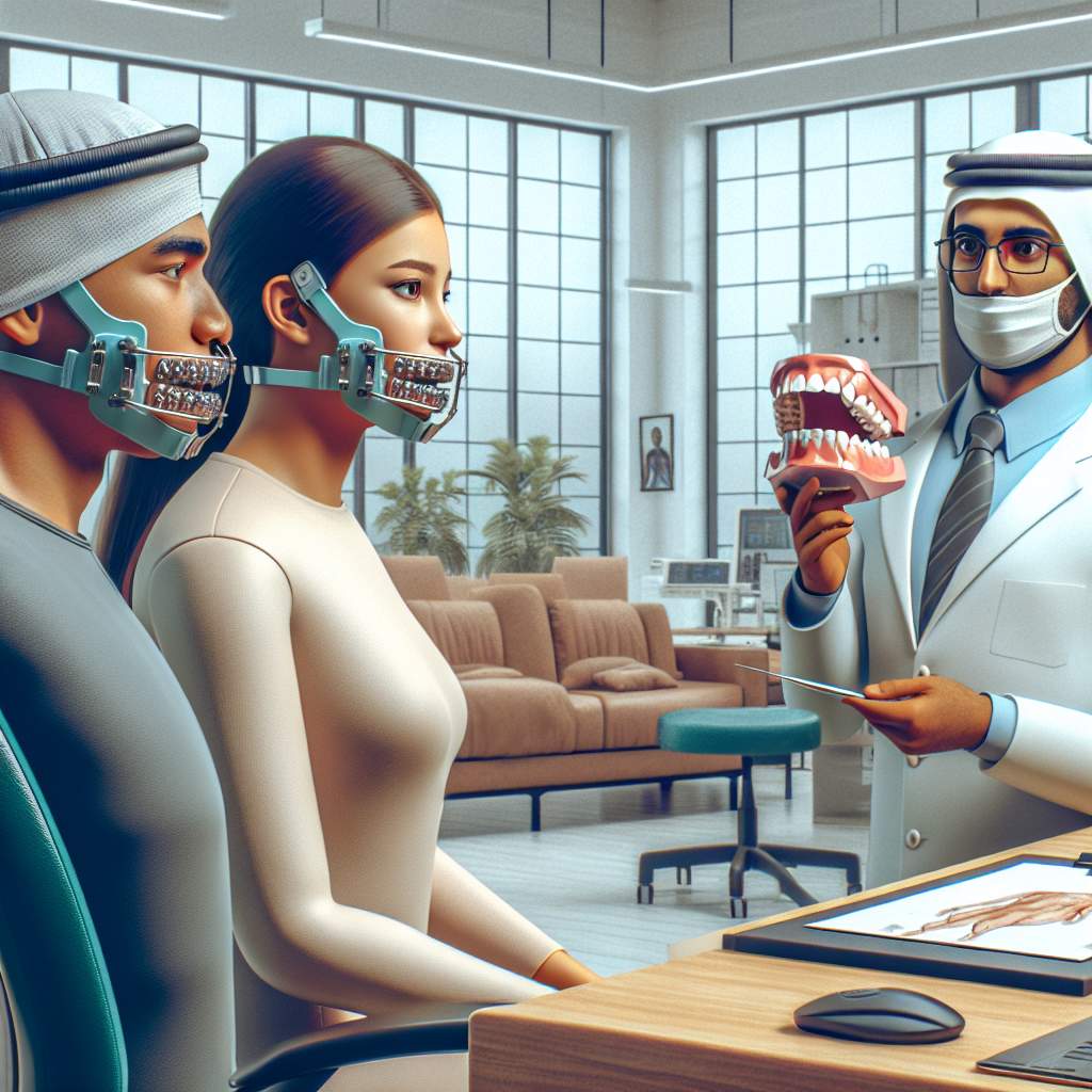 In the dental clinic, there are two people sitting on chairs with their mouths open. The dentist is standing between them, examining their teeth and gums with various dental instruments. There are X-ray films displayed on the lightbox in the background.