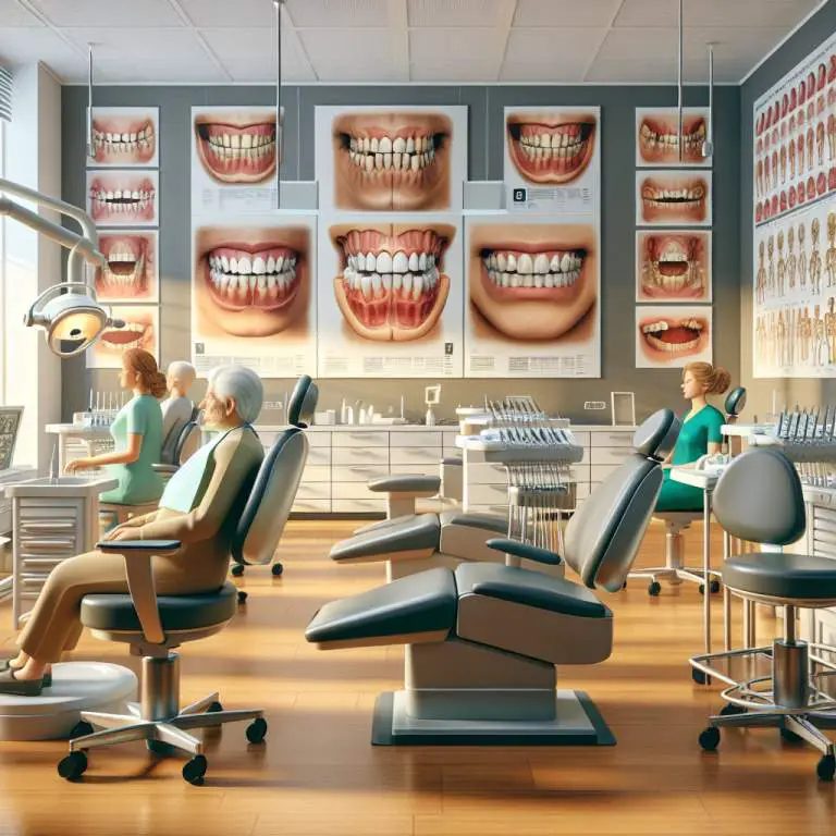 In a dental clinic, there are posters showcasing the alignment of teeth at different ages.