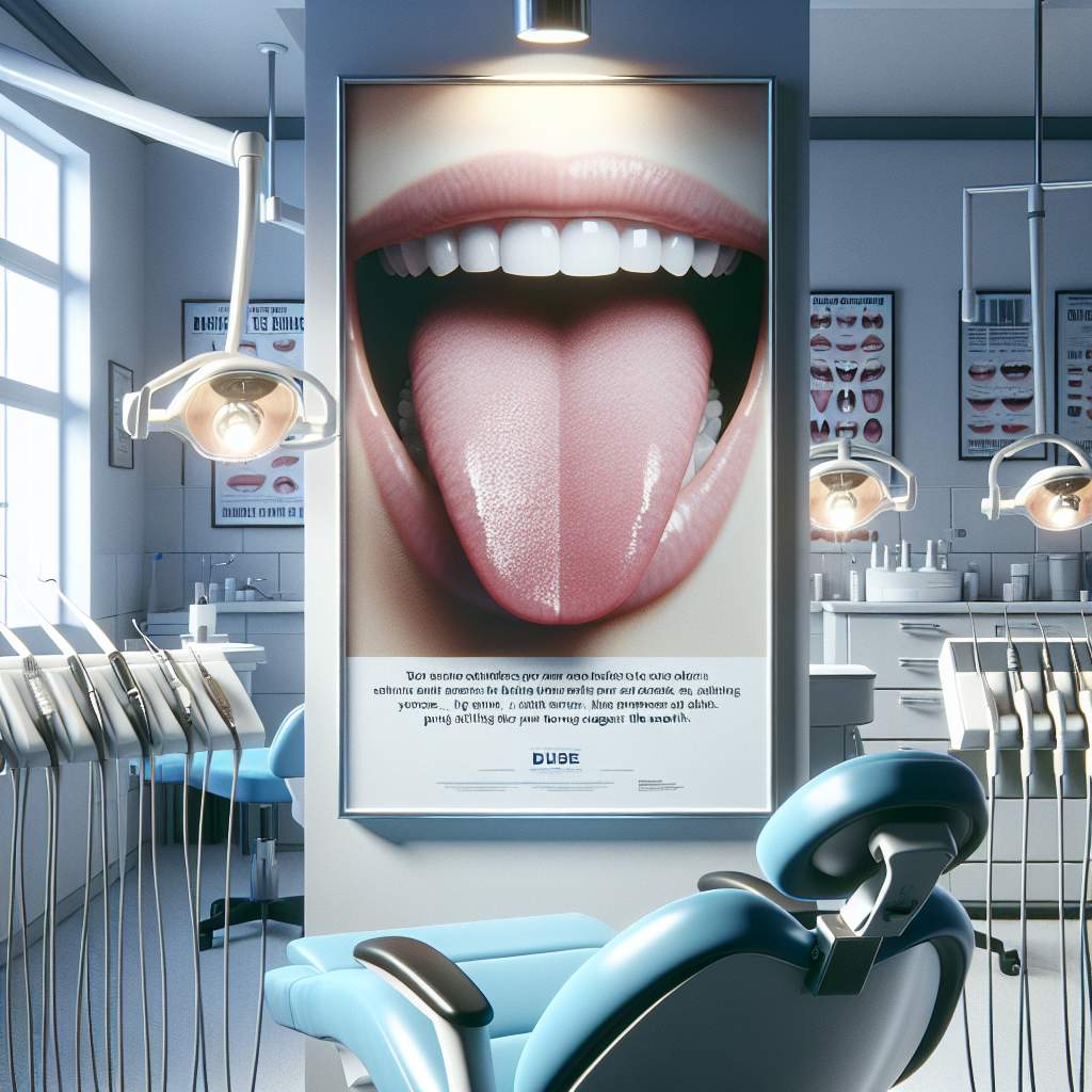 In a dental clinic, there are various tools, including braces, retainers, and appliances used for orthodontic treatments. A mirror is placed on a counter next to a sink with faucets. Additionally, dental instruments like probes, mirrors, and forceps can be seen neatly organized in trays. The walls are adorned with informative posters about oral hygiene and dental care.