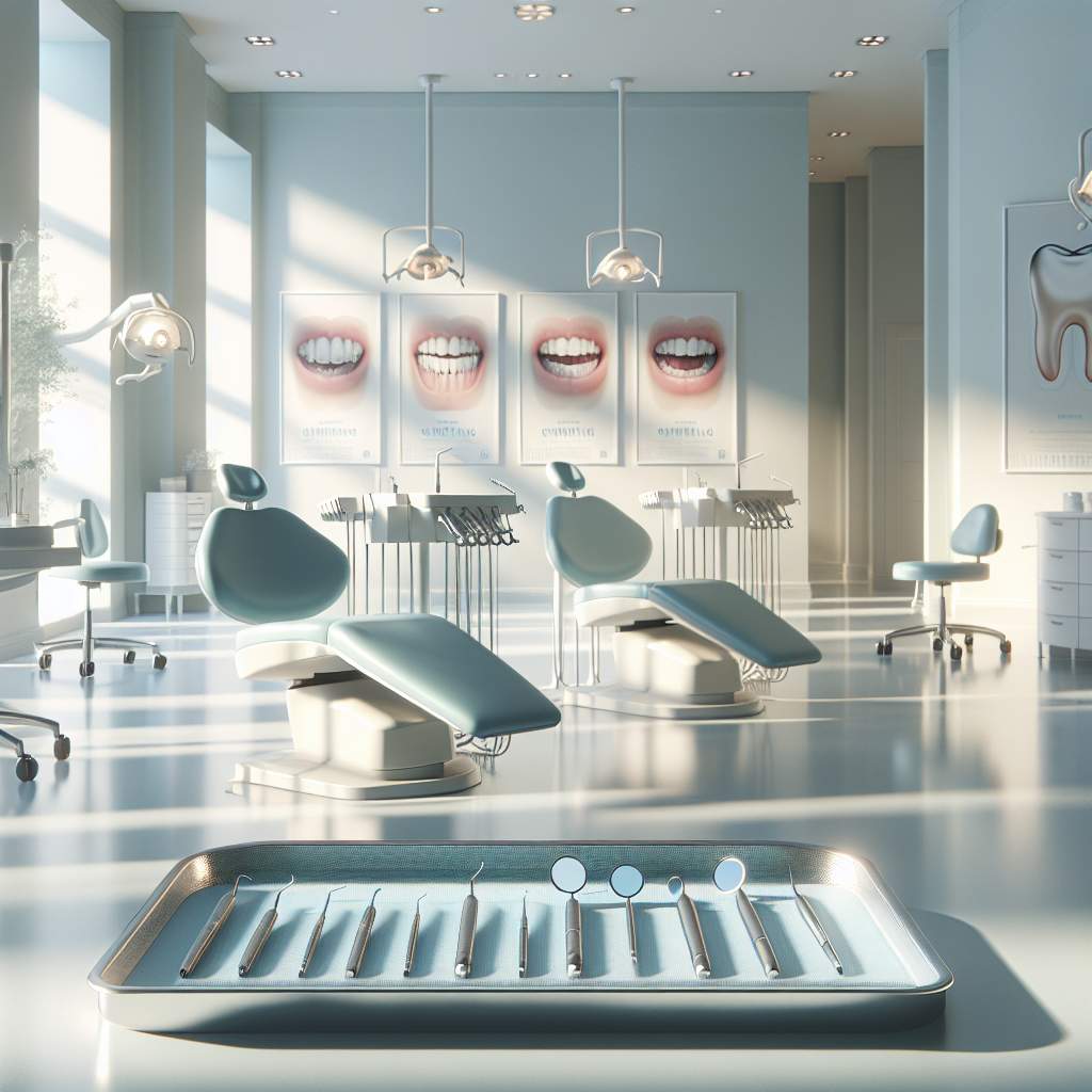 A dental mirror, a toothbrush, a tube of toothpaste, and a glass of water on a countertop.