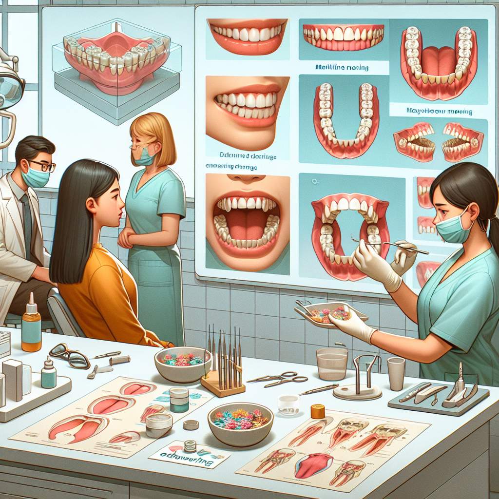 In a dental clinic, there are several dental tools and equipment neatly arranged on a tray. There is a mirror, a toothbrush, toothpaste, dental floss, and a container for storing dentures.