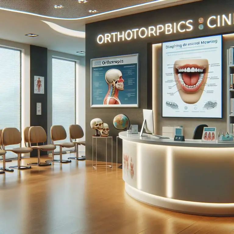 A set of dental x-rays, teeth models, a jaw model, and various dental tools placed on a table in a dental clinic.