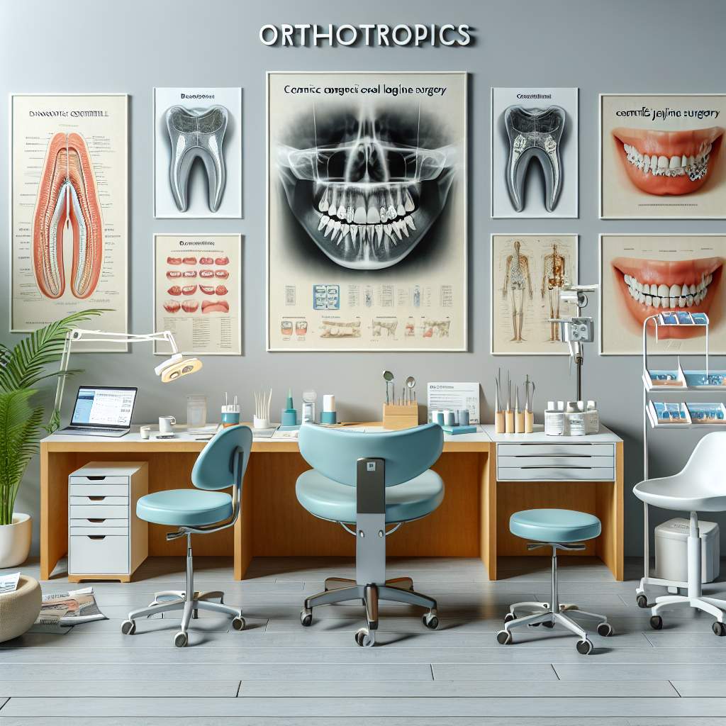 In the dental clinic, there are various tools like scalpels, forceps, and clamps neatly arranged on a tray. Nearby, dental x-ray films rest on a lightbox while a blue protective apron hangs from a hook on the wall. A bright overhead dental lamp illuminates the room, casting a focused beam of light onto an adjustable examination chair upholstered in black leatherette. The chair faces a countertop with jars of cotton balls, swabs, and small medical instruments neatly organized. In the background, cabinets filled with dental supplies line the walls.