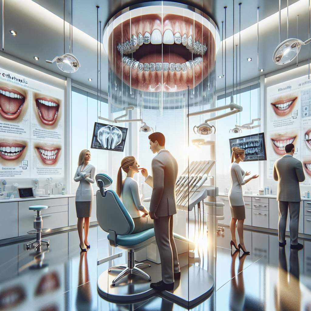 A dental clinic setting with a mirror, a dental tray with dental tools, and informational posters on the wall about jawline enhancement techniques.