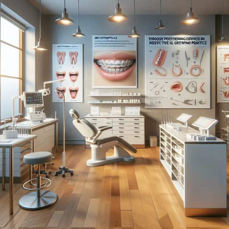 A whiteboard with diagrams of jaw movements and bite alignment. A set of orthodontic tools placed neatly on a tray. An open book titled "Correct Tongue Posture for Effective Mewing". A poster illustrating proper mewing techniques.