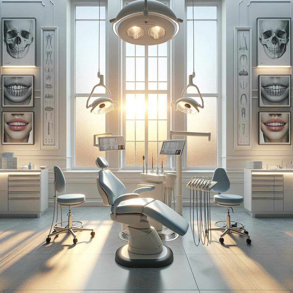 A dental clinic with various tools and equipment, including dental drills, forceps, and mirrors.