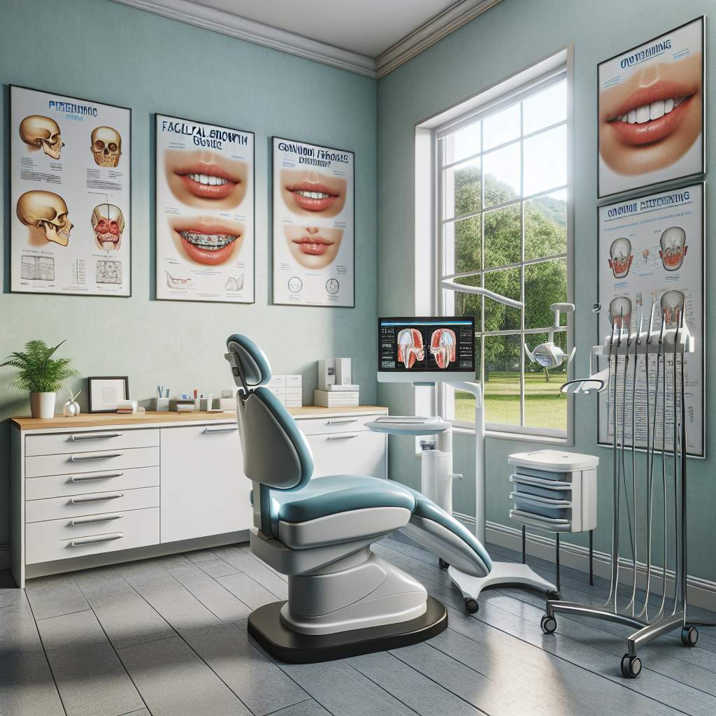 A dental chair, a set of dental tools, and a dentist wearing gloves.