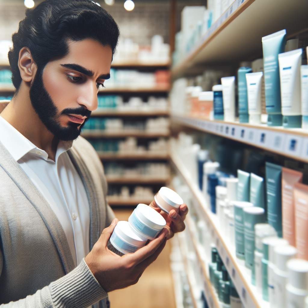 A person carefully comparing skincare and grooming products, considering ingredients and benefits to choose the right ones for their looksmaxxing regimen.