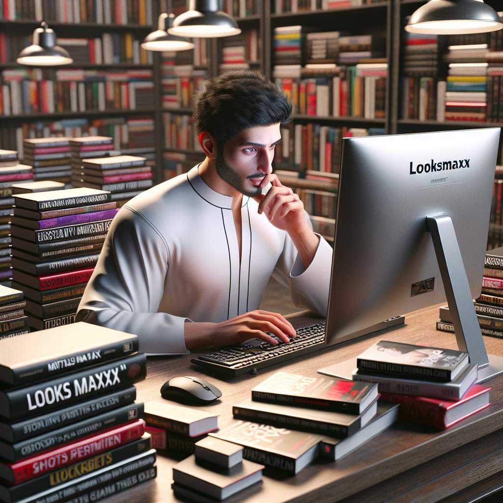 An individual researching "looksmaxxing" on a computer, surrounded by books and articles about improving physical appearance through lifestyle changes.