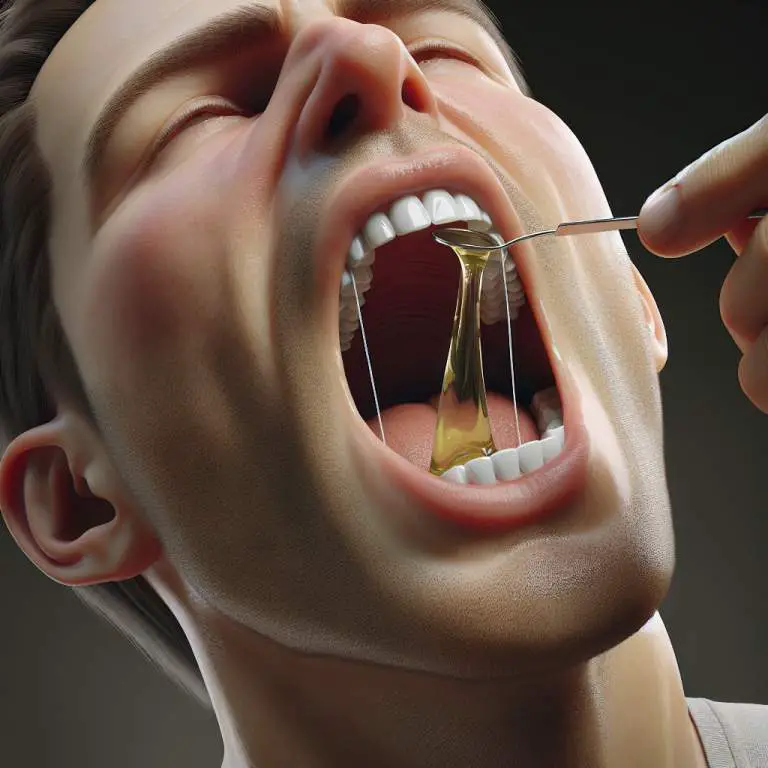 A person swishing oil in their mouth, demonstrating the technique of oil pulling for dental health and whitening.
