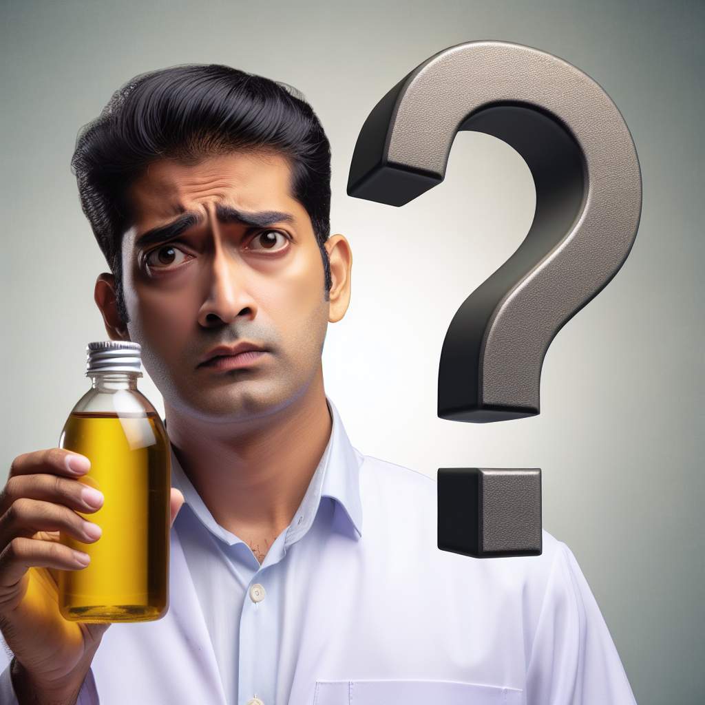 A person looking concerned while holding a bottle of oil, with a question mark above to represent discomfort during oil pulling.