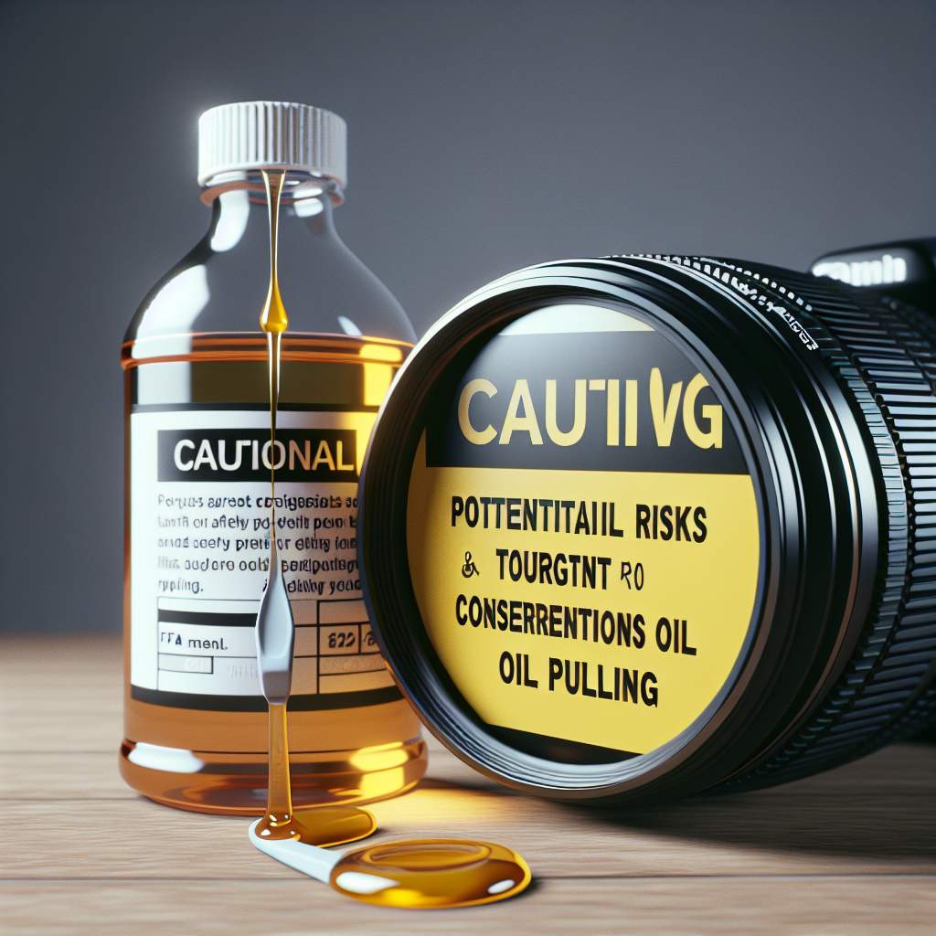 A warning sign next to a bottle of oil, indicating the potential risks and safety considerations associated with oil pulling.