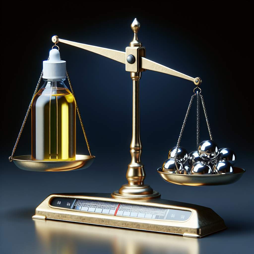 A balance scale with a bottle of oil on one side and weights representing weight loss and skin health products on the other.